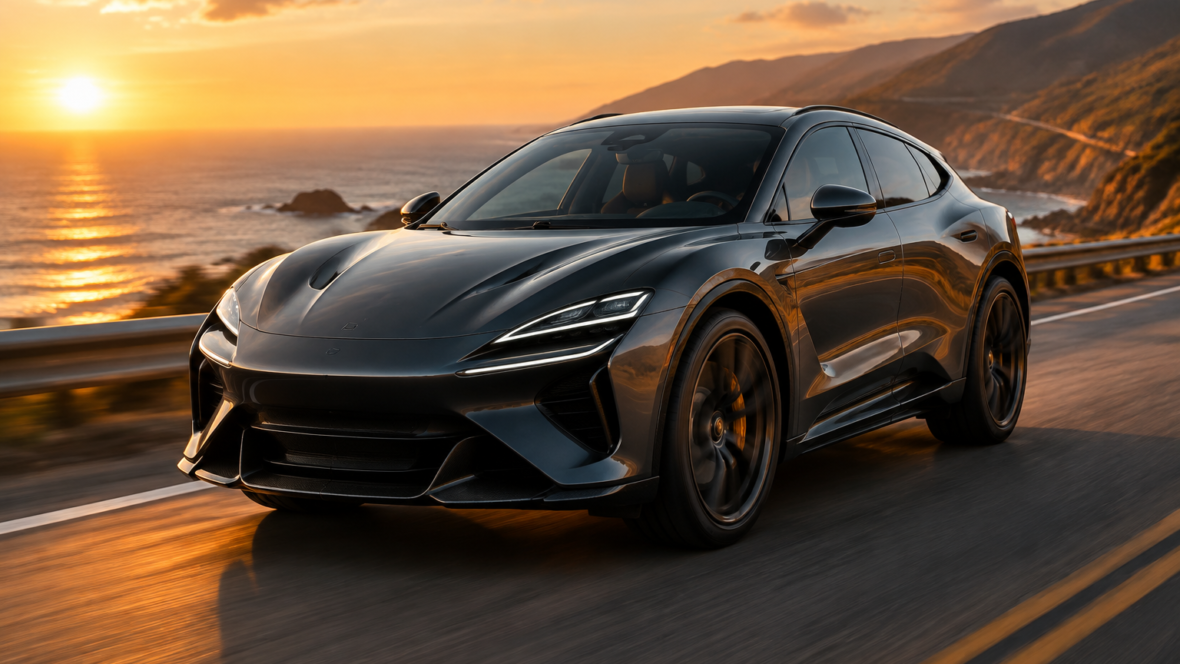 гібридний високопродуктивний позашляховик у стилі McLaren на шосе під час заходу сонця