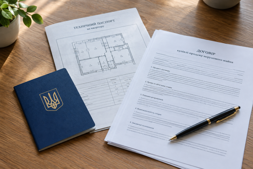 Документи для продажу квартири на столі з паспортом та технічним паспортом
