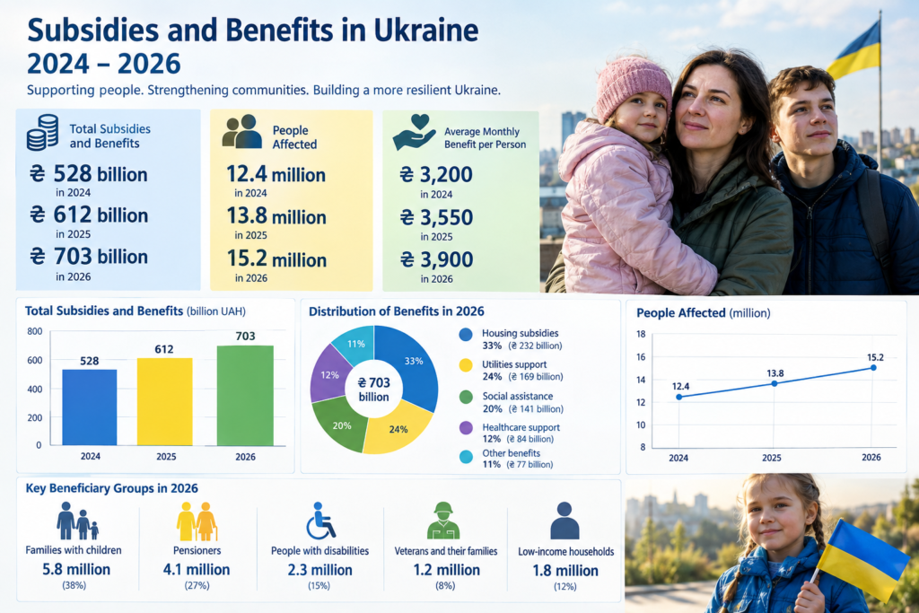 Інфографіка зі статистикою отримувачів субсидій і пільг 2024−2026 років українською мовою