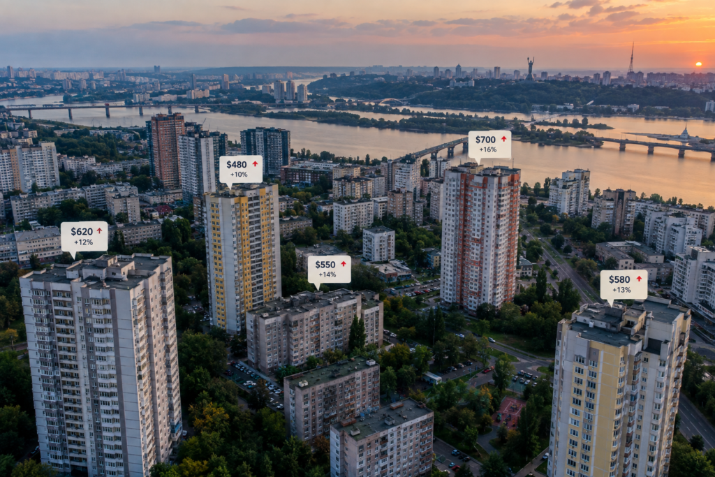 панорамний вид київського житлового району з цінниками оренди українською