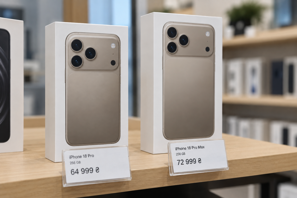 Крупний план коробок iPhone 18 Pro і Pro Max з цінниками в гривнях