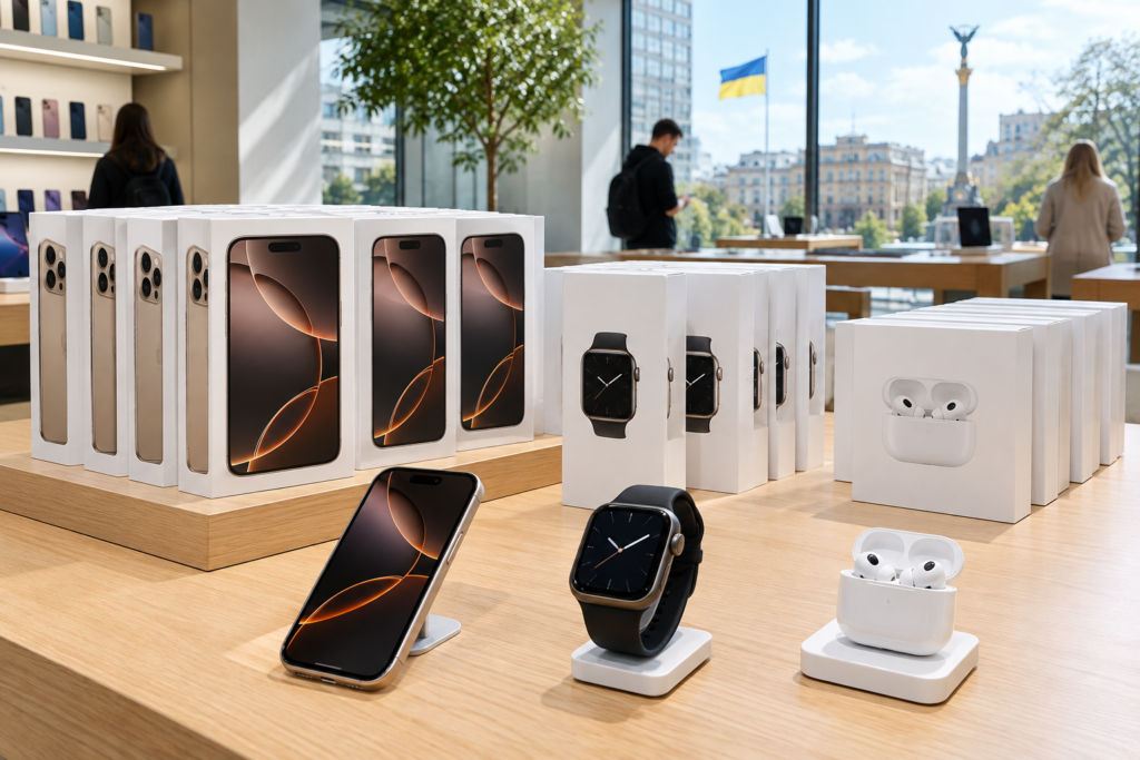 Вітрина магазину з iPhone 18 Pro Apple Watch і AirPods