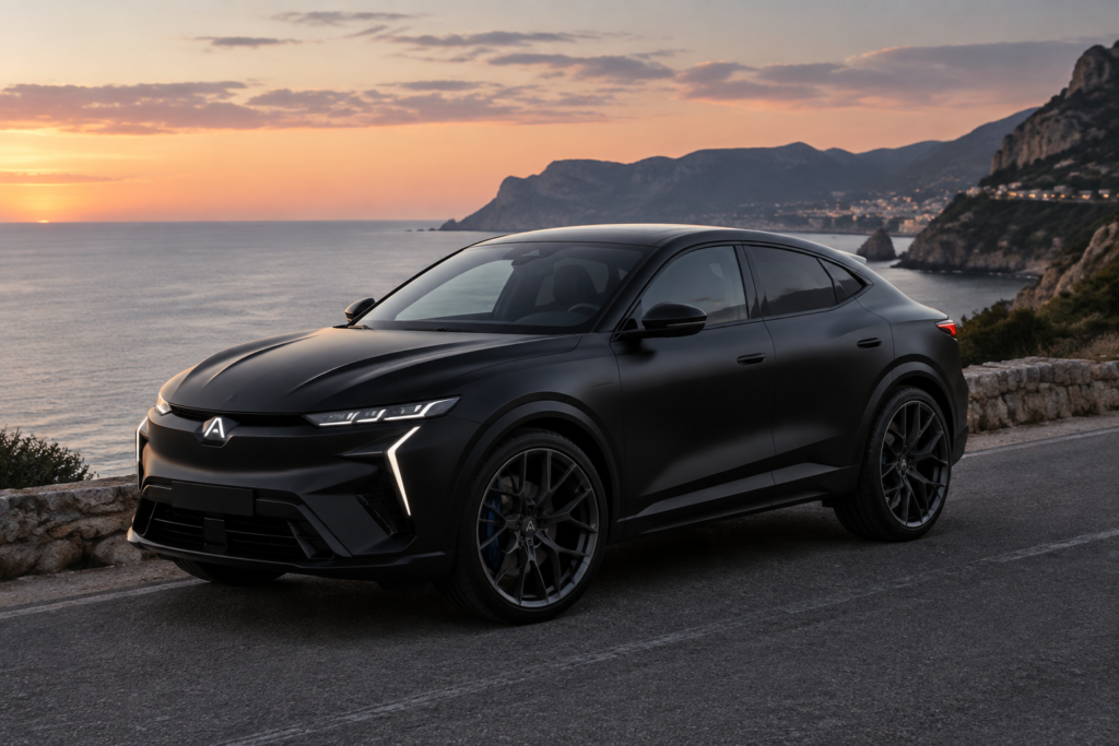 Renault Rafale Hypnotic збоку в матовому Forest Black, сатинове покриття коліс і затемнені емблеми