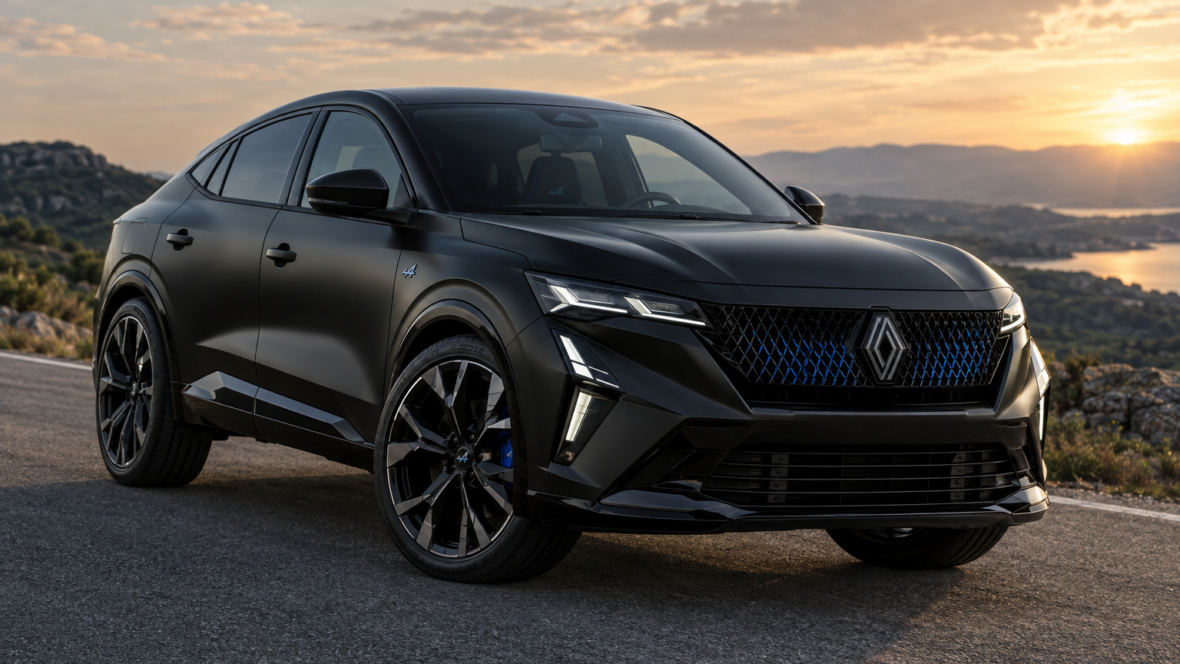 Renault Rafale Hypnotic спереду в матовому Forest Black з акцентом на ґрату радіатора та емблеми Alpine