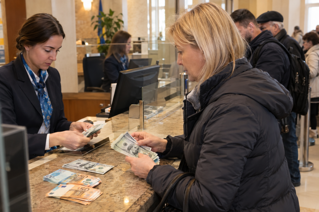 обмін валют у банківській касі, купюри євро та доларів