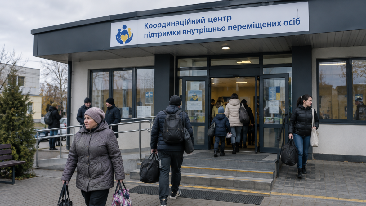 Фасад Координаційного центру для ВПО з людьми біля входу