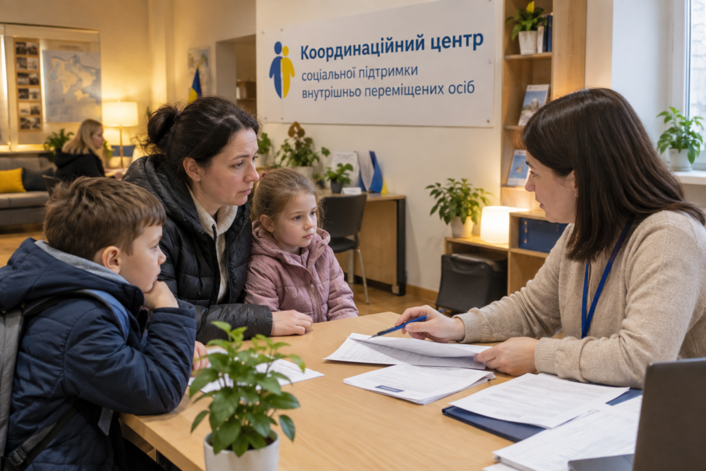 Переселенці отримують консультацію у центрі супроводу, документи на столі
