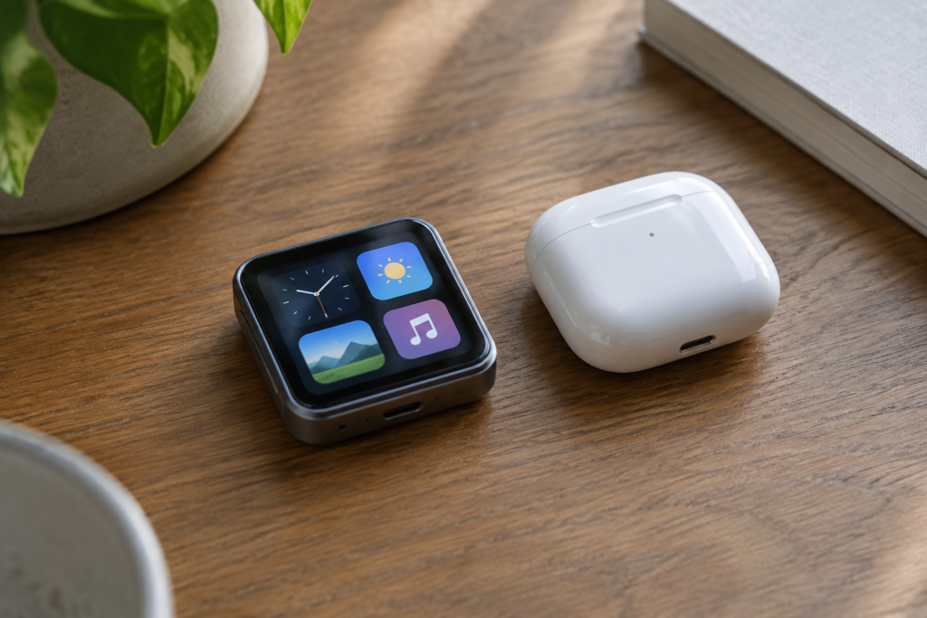 Кишеньковий пристрій Meta Charm поруч із футляром AirPods
