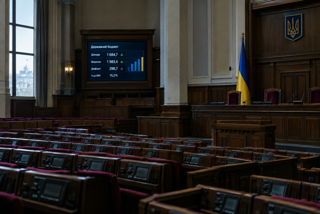 Порожня сесійна зала Верховної Ради з екраном і цифрами бюджету