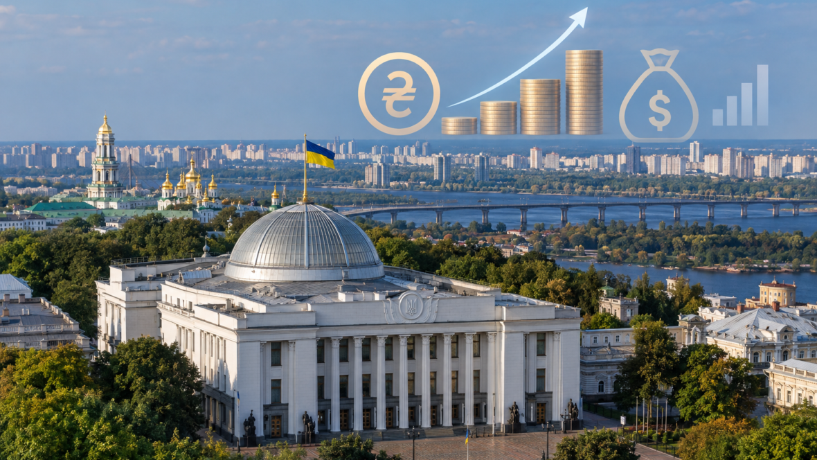 Київський пейзаж з будівлею парламенту на передньому плані та символічними іконками грошей