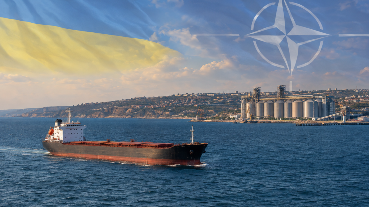 Судно з зерном у Чорному морі на фоні силосів