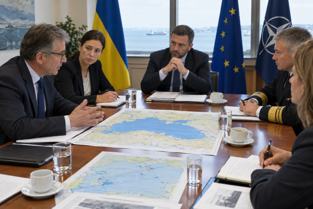 Дипломатична нарада за картами Чорного моря в офісі за столом