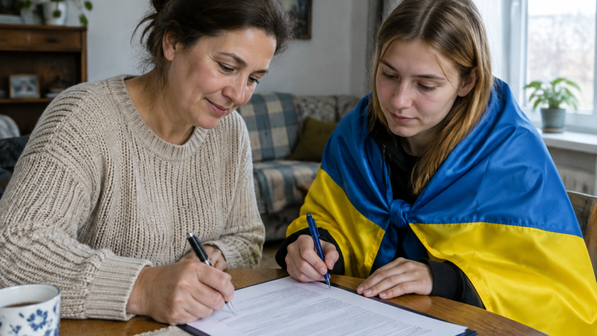 Господар і гість підписують угоду про проживання в затишній вітальні
