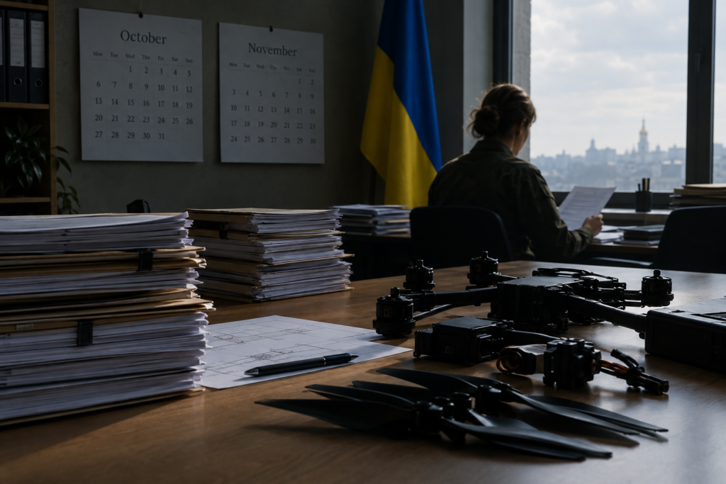 Офіс оборонних закупівель з документами, календарем на жовтень і листопад та деталями дронів на столі