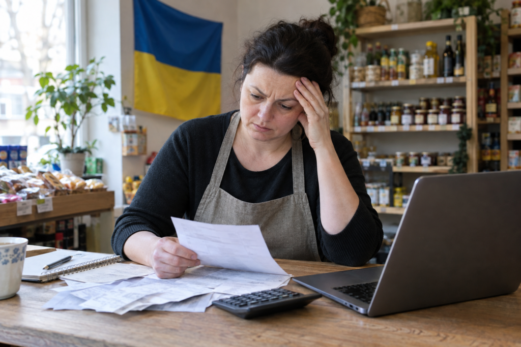 Підприємець у невеликому магазині рахує рахунки на тлі прапора України