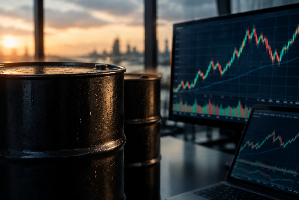 Бочки з нафтою та екрани з графіками цін