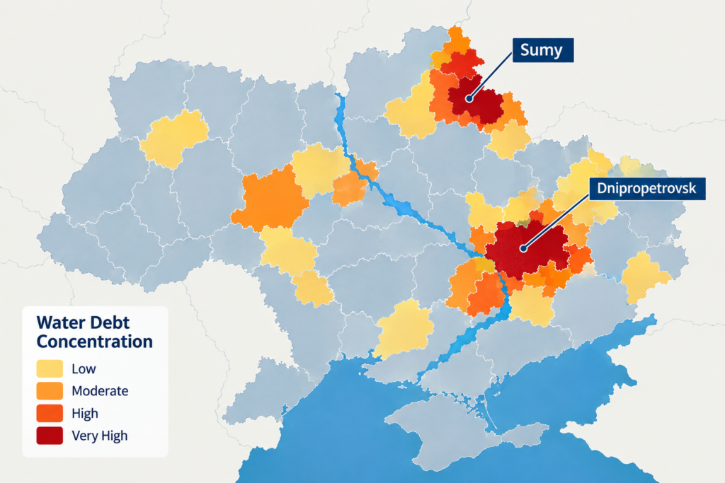 мапа області з позначками регіонів з високою заборгованістю за воду