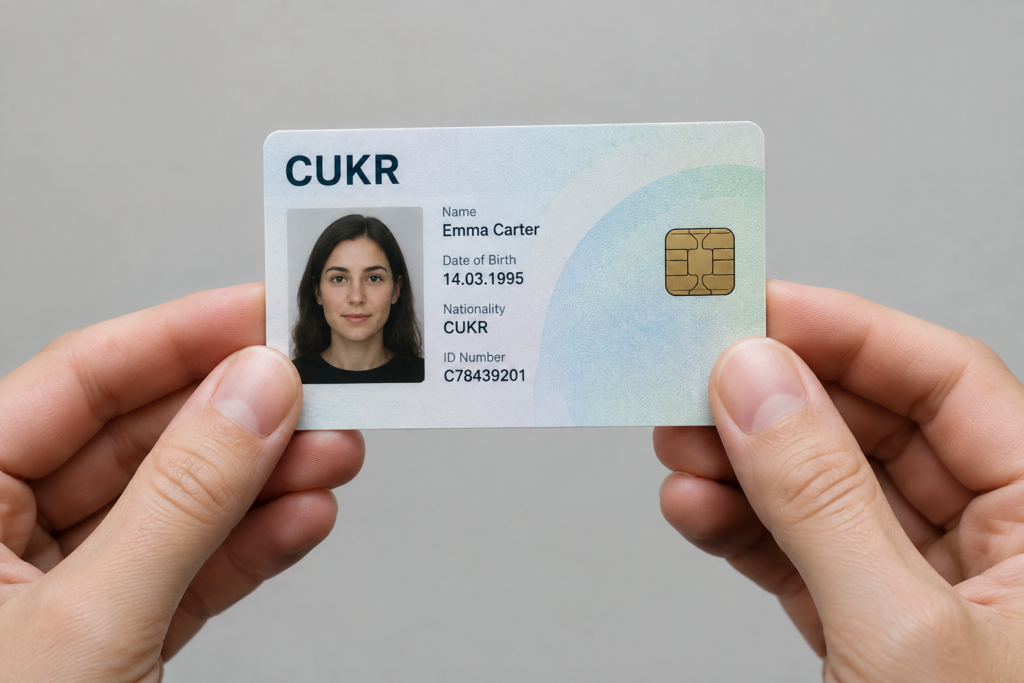 Руки тримають сучасну ідентифікаційну картку з написом CUKR