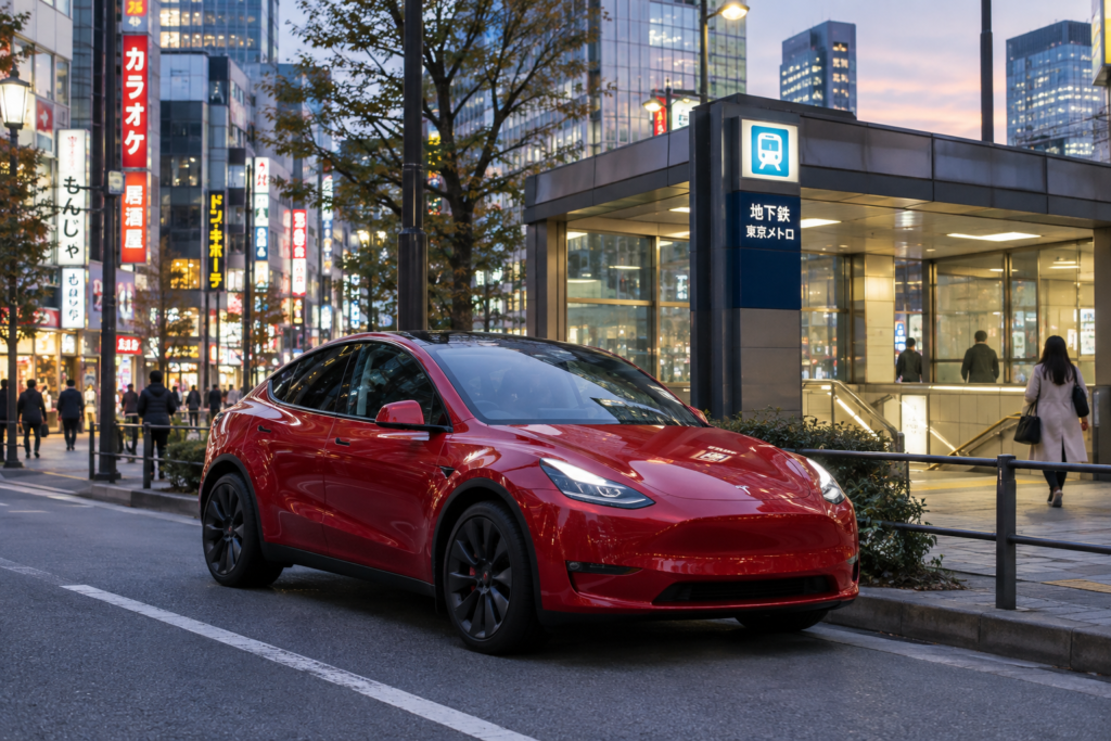 Червона Tesla Model Y на вулиці Токіо біля станції метро
