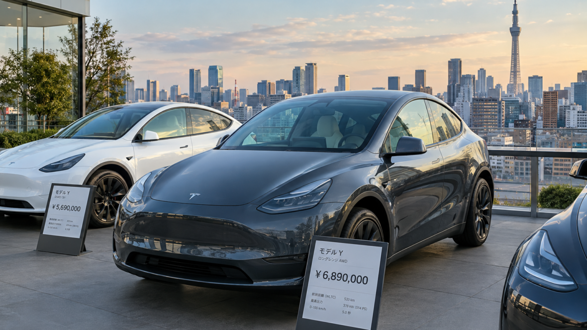 Tesla Model Y на стоянці дилера в Токіо з цінниками в єнах