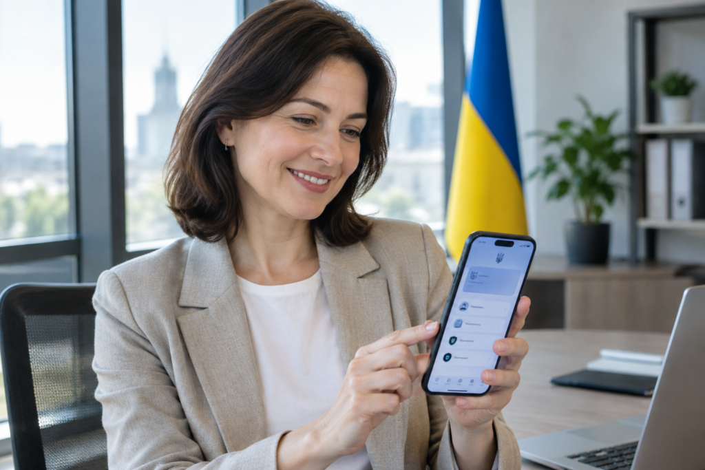 чоловік середнього віку користується смартфоном з інтерфейсом «Дія» українською