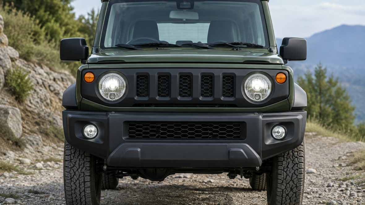 Фронтальний план Suzuki Jimny на ґрунтовій дорозі