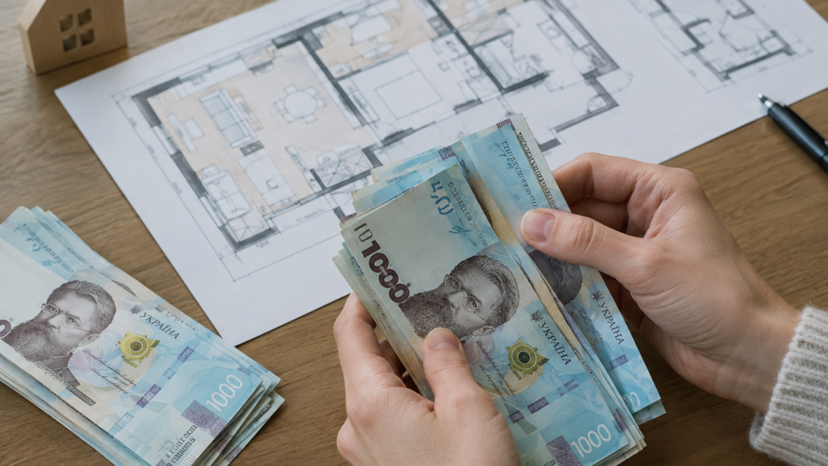Руки рахують гривні на тлі планів квартири