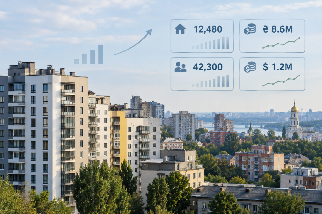 Міський силует з багатоповерхівками і місце для інфографіки