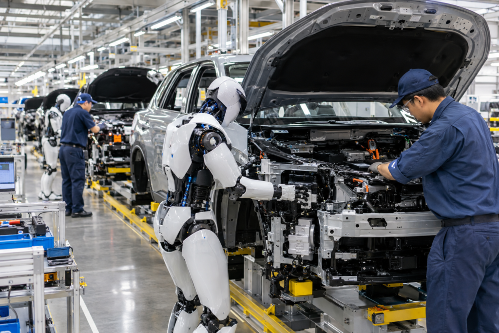 Внутрішній вигляд заводу Toyota з робітниками та гуманоїдними роботами
