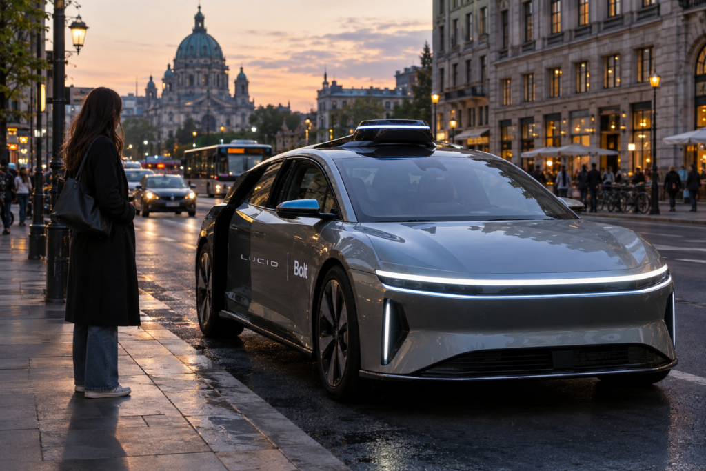 Роботаксі Lucid і Bolt на вулиці європейського міста біля бордюру