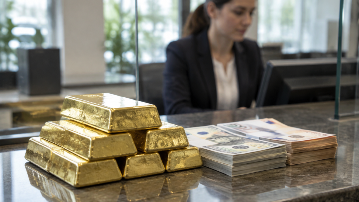 злитки золота на банківському столі на фоні валют і касира