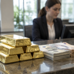 злитки золота на банківському столі на фоні валют і касира