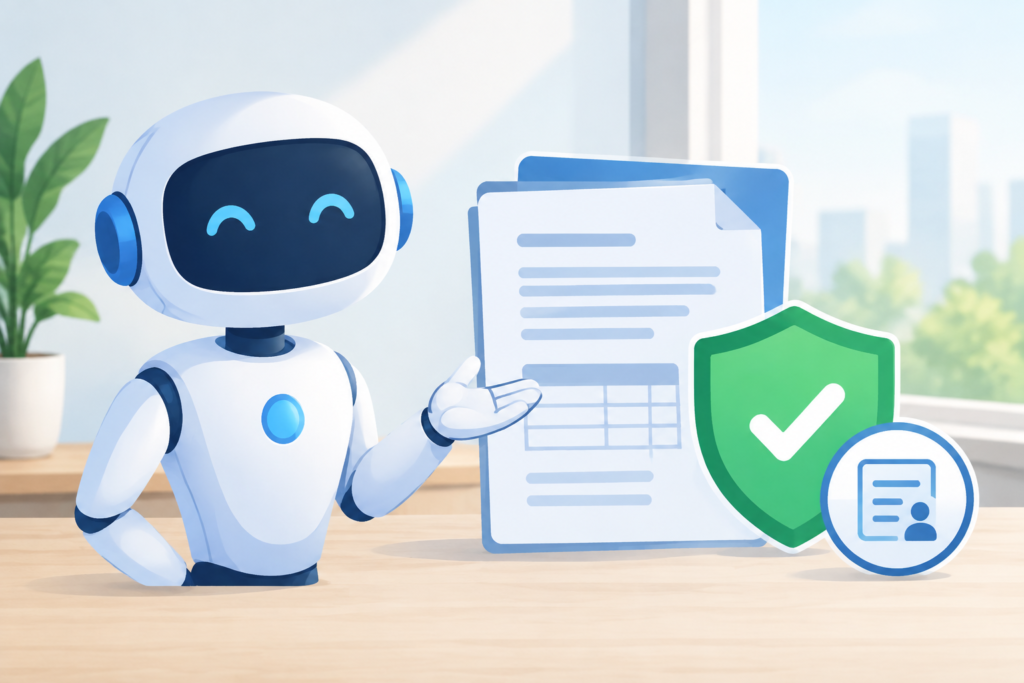 Ілюстрація помічника Дія.AI поруч з іконками документів і щита як символ верифікованого РНОКПП