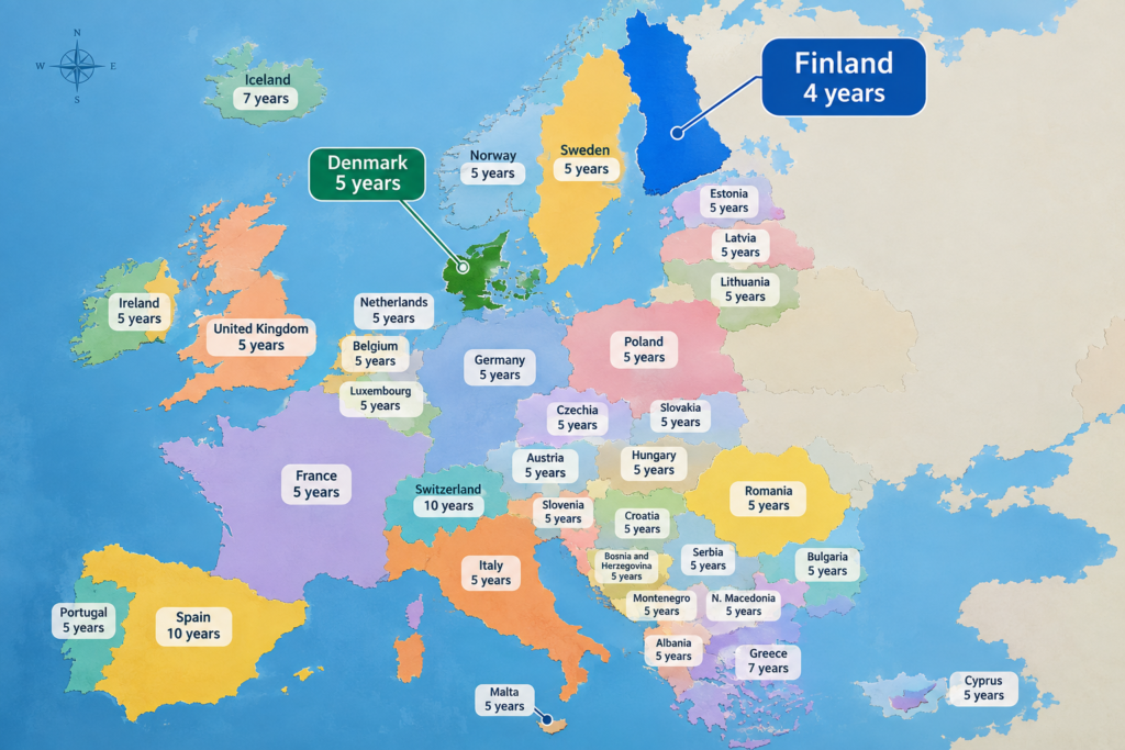 Карта Європи з позначенням країн та роками для отримання посвідки, виділено Фінляндію та Данію