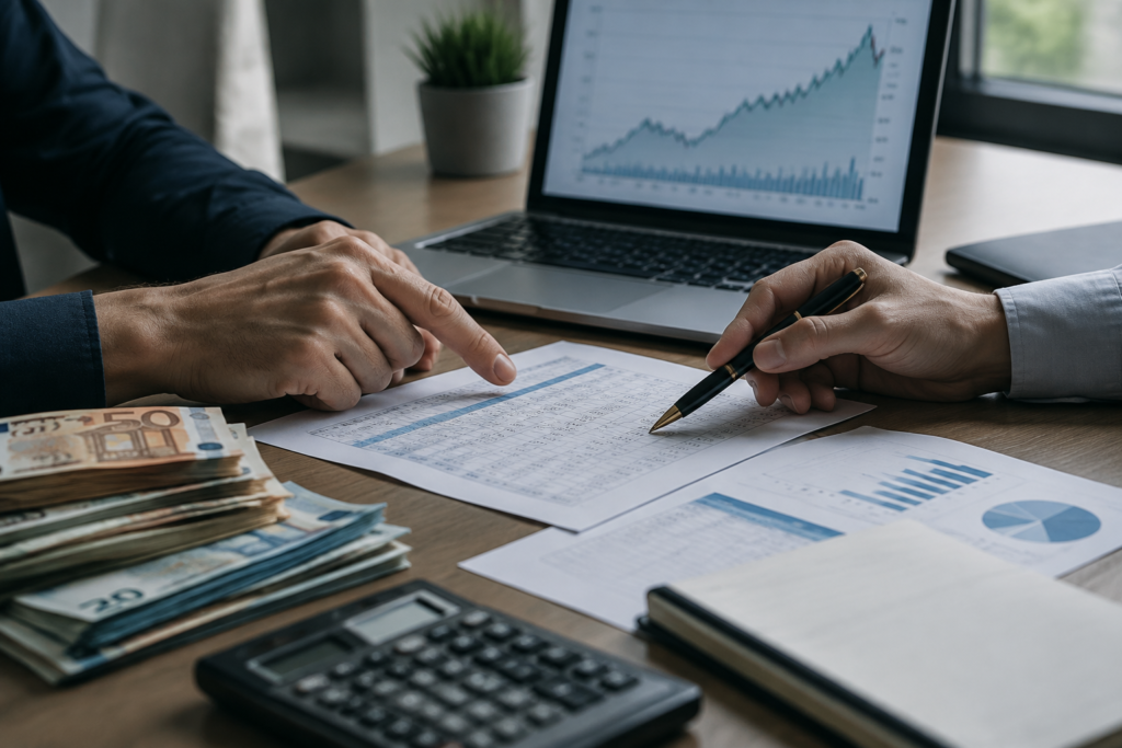 Купюри та фінансові документи на столі поруч з ноутбуком і графіком