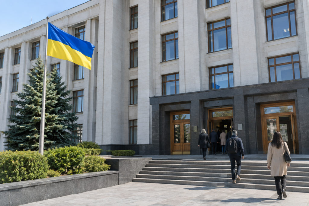 Будівля уряду з прапором України на передньому плані