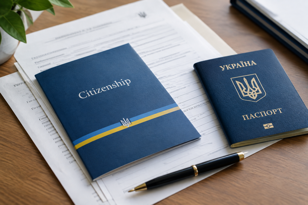 Стіл з офіційними документами і українським паспортом