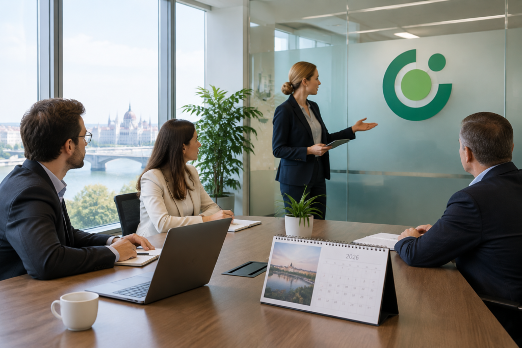 Корпоративна зала засідань з логотипом OTP Bank та календарем на 2026 рік