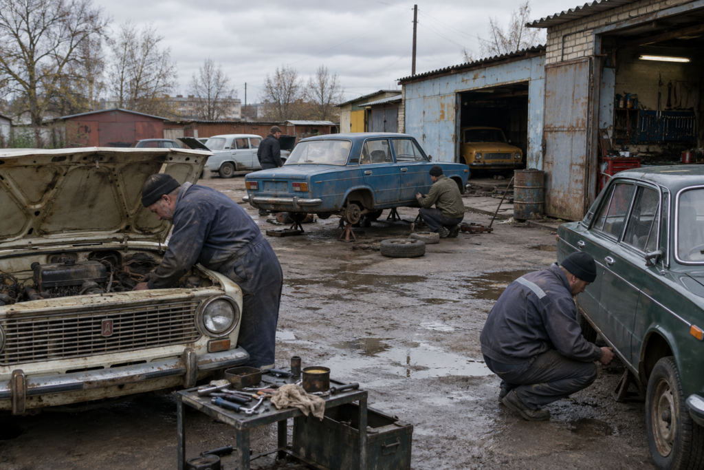 Майстерня та старі автомобілі ВАЗ/Lada на подвірʼї майстерні