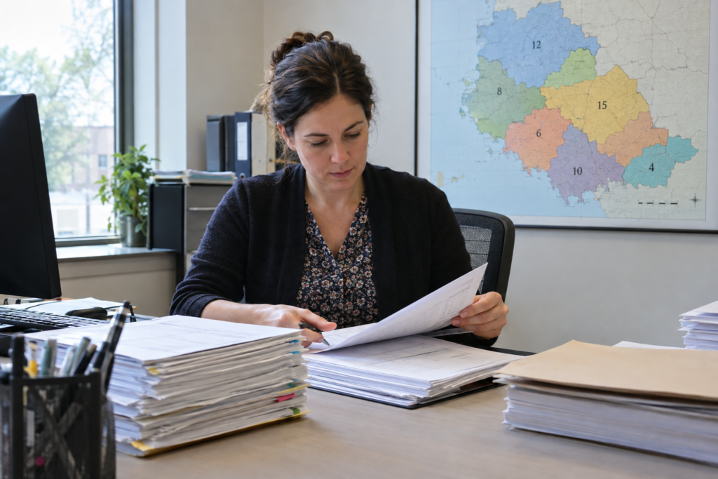 Співробітник оформлює документи на списання на фоні карти регіонів