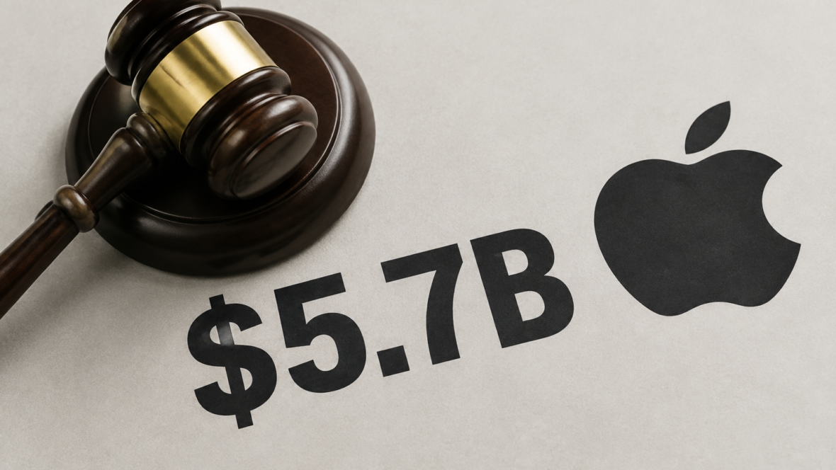 Молоток судді поруч із написом «$5,7 млрд» та логотипом Apple