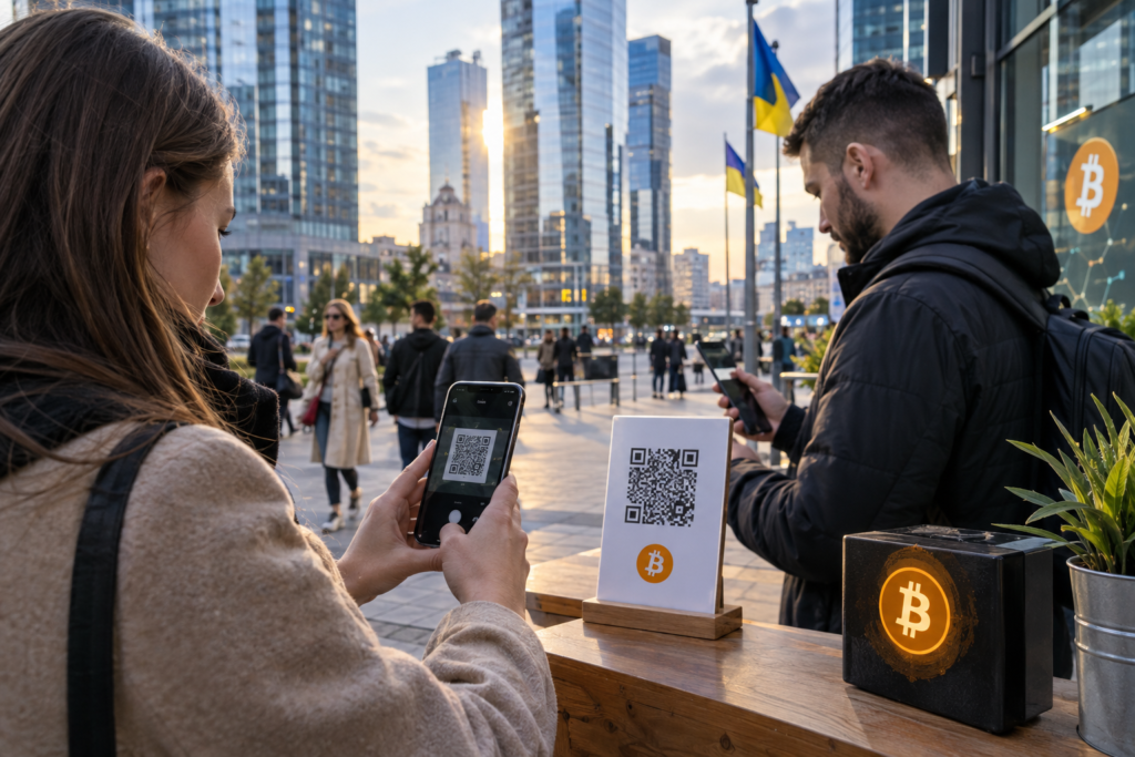 Люди в українському місті здійснюють криптоплатежі зі смартфонів, символіка біткоїна на задньому плані