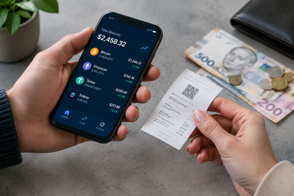 Обмін за допомогою криптогаманця на смартфоні на тлі елементів української валюти