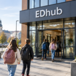Exterior of EDhub in Ternopil with children entering the premises