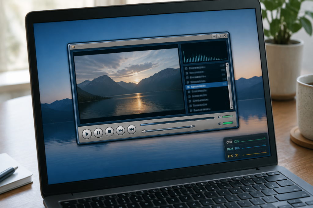 класичний інтерфейс Windows Media Player з кастомним скіном на сучасному ноутбуці