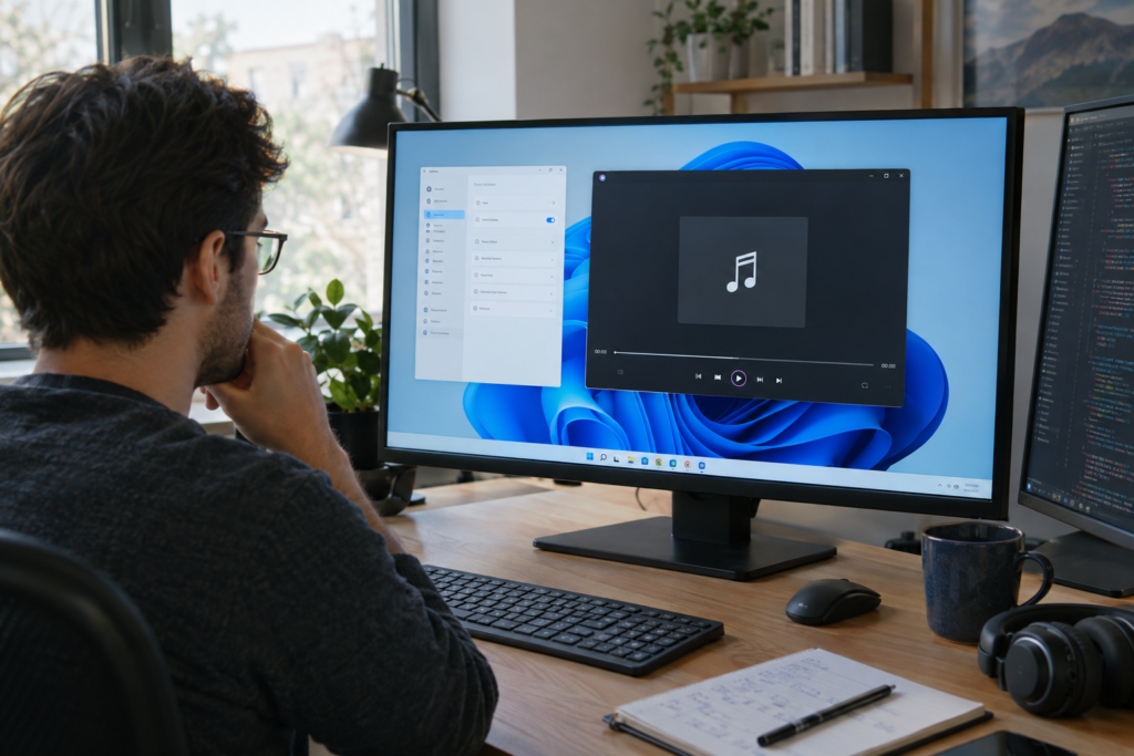 розробник перевіряє Windows 11 плеєр де відображається стандартний інтерфейс після збою зі скінами