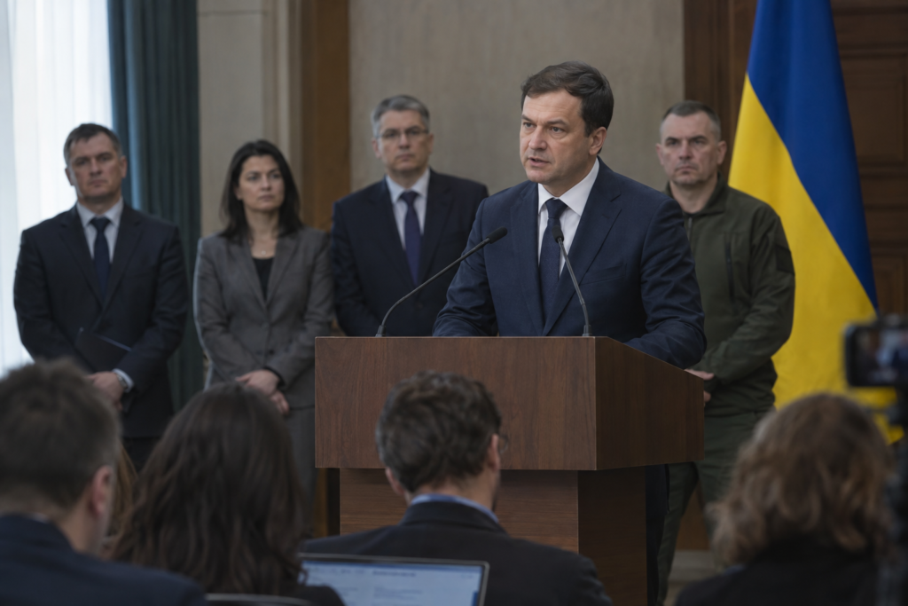 Премʼєр-міністр Сергій Корецький виступає на урядовій пресконференції