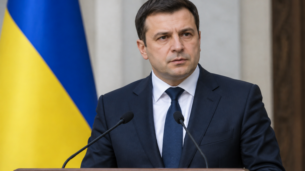 Портрет премʼєр-міністра Сергія Корецького за трибуною