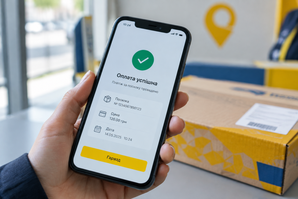 Смартфон з інтерфейсом застосунку Укрпошта 2.0 і підтвердженням оплати посилки