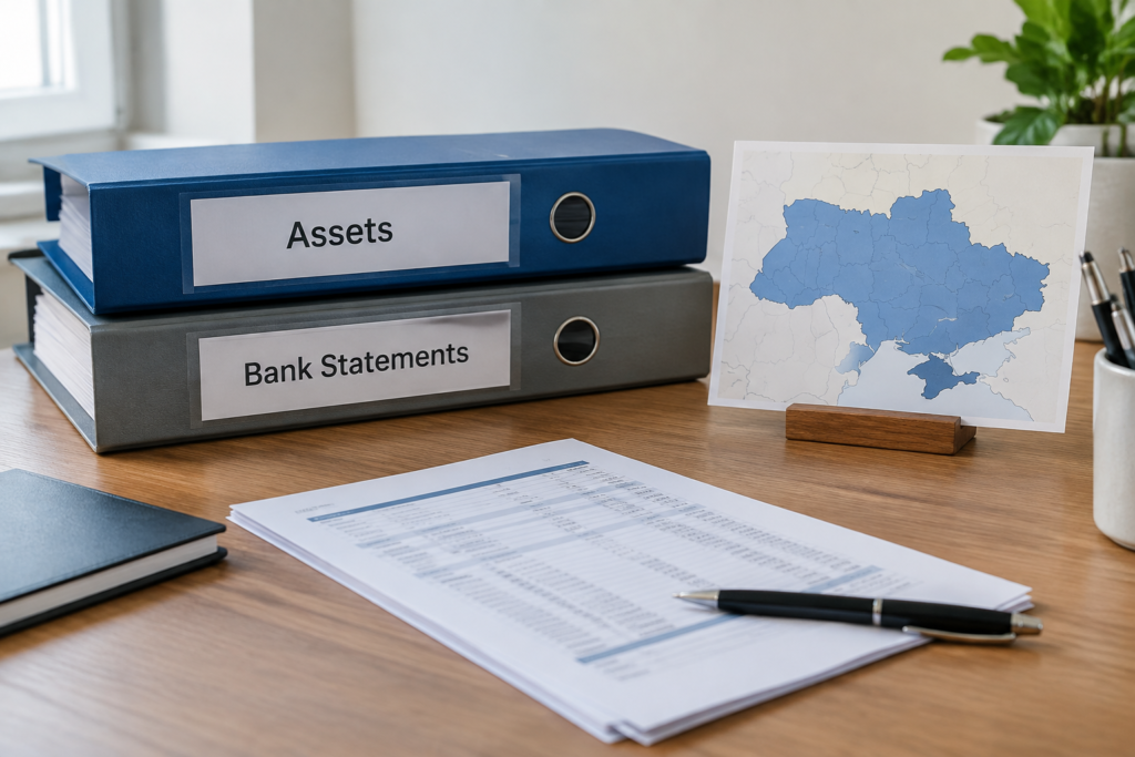 папки з документами про майно і банківські виписки поруч з картою України